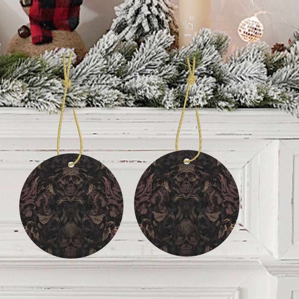 Christmas Tree Ceramic Ornaments Two-Side Wallpaper for Walls Skull Printed Round Xmas Pendant Xmas Tree Ceramic Hanging Decorations for Christmas Winter Wonderland New Year Party Supplies