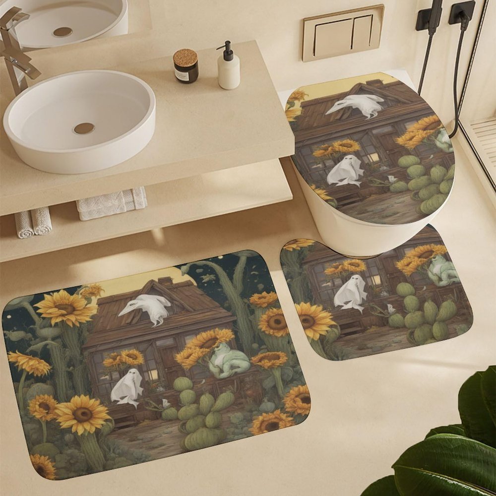 ZGDPBYF Bathroom Rugs Set Ultra Soft 3 Pieces Bath Rugs Non Slip, Cartoon Ghost Bathroom Mat, Bathroom Set with Toilet Rugs, Plant Cactus Perfect Plush Bathroom Mats for Bathroom Tub, Shower