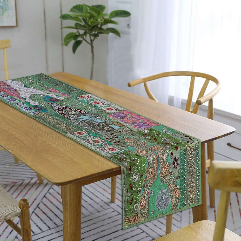 Treen Art Linen Indian Table Runner 20" W x 40" L, Ethnic 100% Cotton Embroidered Handcrafted Mirror Art Long Patchwork Dining Indian Table Cloth (Green)
