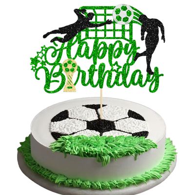 1Pcs Soccer Happy Birthday Cake Topper Glitter Happy Birthday Sign Football Player Cake Pick Decorations for Sport Theme Man Boy Girl Party Decoration Supplies Green