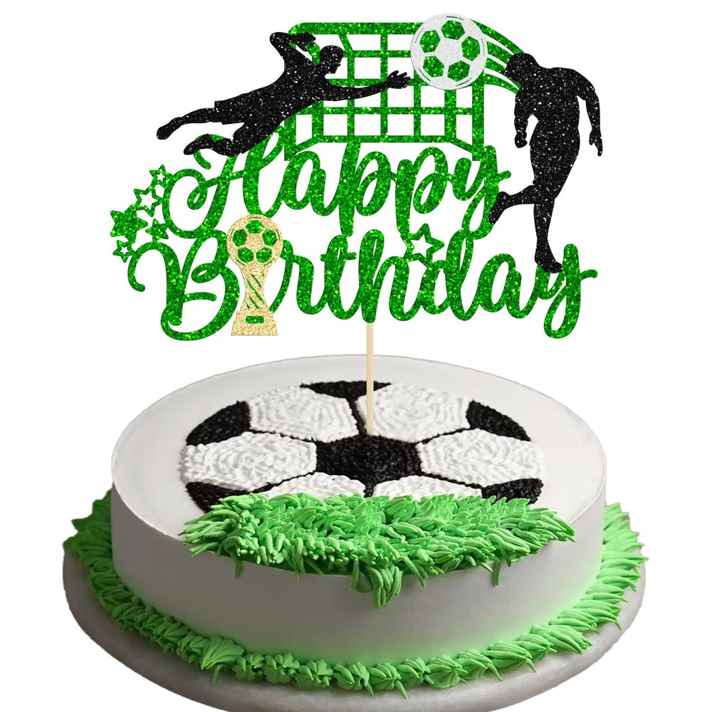 1Pcs Soccer Happy Birthday Cake Topper Glitter Happy Birthday Sign Football Player Cake Pick Decorations for Sport Theme Man Boy Girl Party Decoration Supplies Green