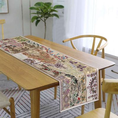 Treen Art Linen Indian Table Runner 16" W x 60" L, Ethnic 100% Cotton Embroidered Handcrafted Mirror Art Long Patchwork Dining Indian Table Cloth (White)
