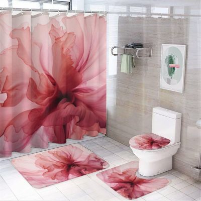 4Pcs Abstract Flowers Waterproof Shower Curtain Sets for Bathroom,Pink Modern Beautiful Floral Plants Bathroom Decor Set with Shower Curtain and Rugs and Accessories
