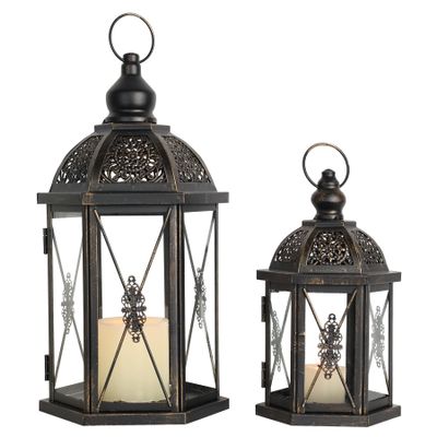 DECORKEY Large Lantern Decorative Outdoor & Indoor, Set of 2 (15&10) Metal Candle Lanterns Decor, Vintage Hanging Candle Holder for Front Porch Patio Wedding Farmhouse Home, Spring Decoration