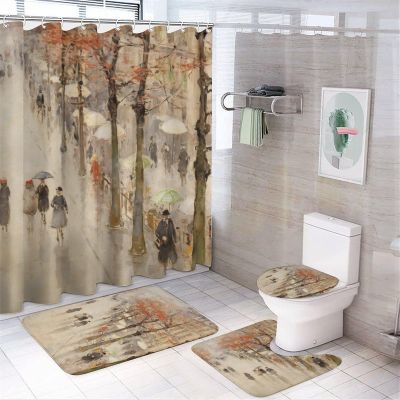 4Pcs Abstract Township Waterproof Shower Curtain Sets for Bathroom,Watercolor French Country Bathroom Decor Set with Shower Curtain and Rugs and Accessories