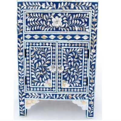 HANSA ITS WORTH IT Bedside Table Mother of Pearl & MDF Wood Side Table Floral Pattern Nightstand End Table Furniture with 1 Drawer Crystal Clear Knobs Living Room Entryway Home Decor (Blue & White)