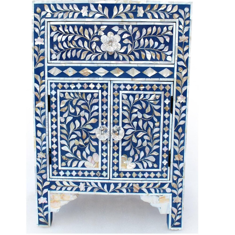 HANSA ITS WORTH IT Bedside Table Mother of Pearl & MDF Wood Side Table Floral Pattern Nightstand End Table Furniture with 1 Drawer Crystal Clear Knobs Living Room Entryway Home Decor (Blue & White)