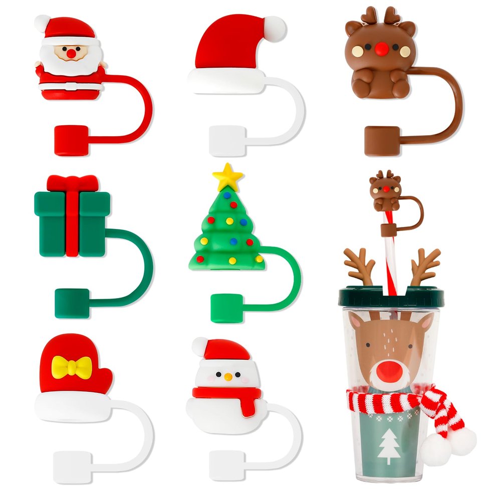 7Pcs Christmas Straw Cover Caps Reusable Drinking Straw Tips Lids Christmas Santa Claus Christmas Tree Silicone Straw Toppers Compatible for Stanley 30&40 Oz Tumbler Straw Accessories for Christmas