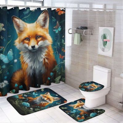 4 Pieces Butterfly Fox Shower Curtain Set Modern Cartoon Pattern Yellow Haired Animal Bathroom Decor Sets with Rugs Bathroom Accessories Set Bathroom Curtain Shower Set with 12 Hooks