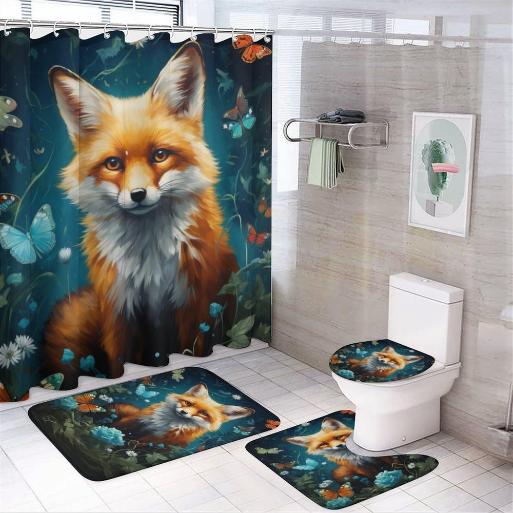 4 Pieces Butterfly Fox Shower Curtain Set Modern Cartoon Pattern Yellow Haired Animal Bathroom Decor Sets with Rugs Bathroom Accessories Set Bathroom Curtain Shower Set with 12 Hooks