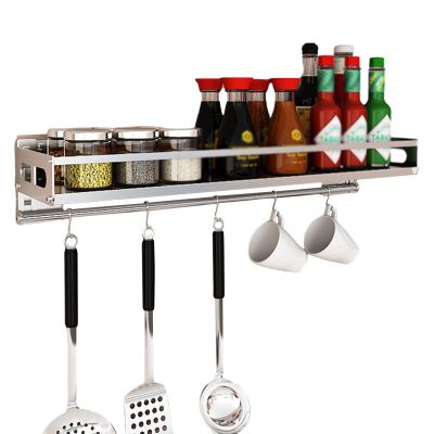 HJXGQJM Stainless Steel Spice Shelves Storage, Wall Mounted Spice Rack/Shelves Spice Storage Cupboard Spice Rack Organiser, Spice Rack with Hooks, Silver Spice Racks (Color : Silver, Size : 30cm)