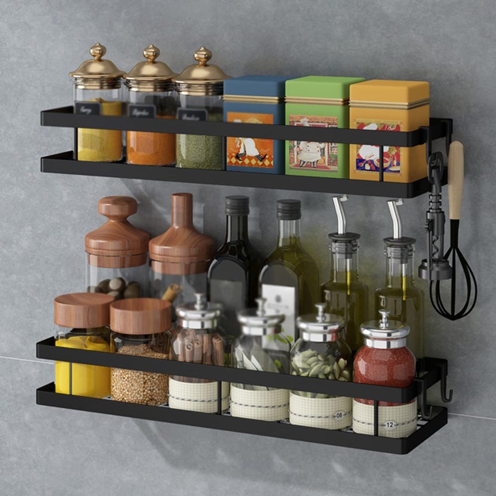 Wall Mounted Spice Rack, Kitchen Spice Rack Organisers, Carbon Steel Paint Process, For Kitchen Cabinet Kitchen Bathroom Living Room Spice Bottle Jars Rack, With Hook, Black Spice Racks ( Color : Blac