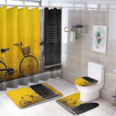 Country Bicycle 4 Pieces Shower Curtain Sets with Non-Slip Rugs, Toilet Lid Cover and Bath Mat, Yellow Vintage Street Bathroom Decor Set Waterproof Shower Curtains with 12 Hooks