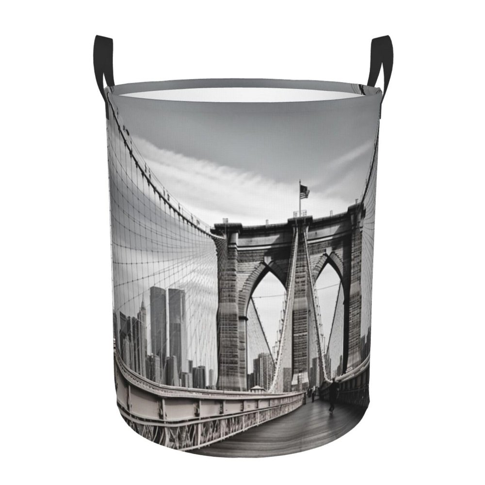 Dwrepo Laundry Basket with Handles Brooklyn Bridge Printed Round Laundry Hamper Waterproof Clothes Storage Basket Lightweight Dirty Clothes Hamper