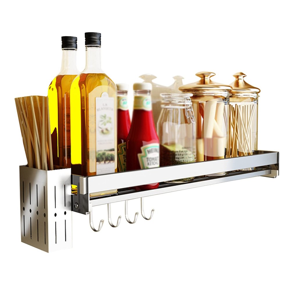 304 Stainless Steel Spice Rack, Spice Rack With Hooks, Kitchen Utensil Hanger Mugs Storage Shelf, Seasoning Jar Organizer, Bathroom Shelf Shower Caddy Rack,Wall Mounted Spice Rack, 41.5CM Spice Racks