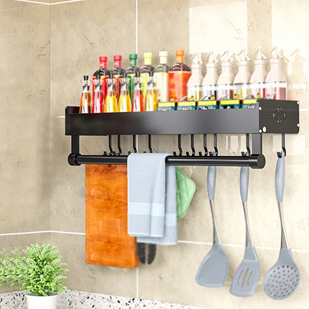 Wall Mounted Spice Rack/Shelves Spice Storage Cupboard Spice Rack Organiser, Space Aluminum, With Hook, Foldable Towel Rail, For Kitchen Cabinet Kitchen Bathroom Living Room Spice Bottle Jars Rack Spi