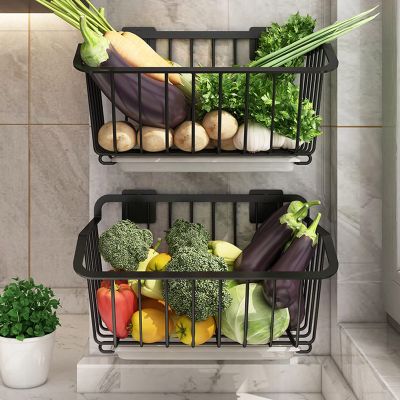 Fruit Vegetable Storage Basket,wall Mounted Fruit And Vegetable Rack, For Storing Organizing Fruit Vegetables Eggs Snacks Breads, Stainless Steel Fruit And Vegetable Rack, Black fruit and vegetable ra