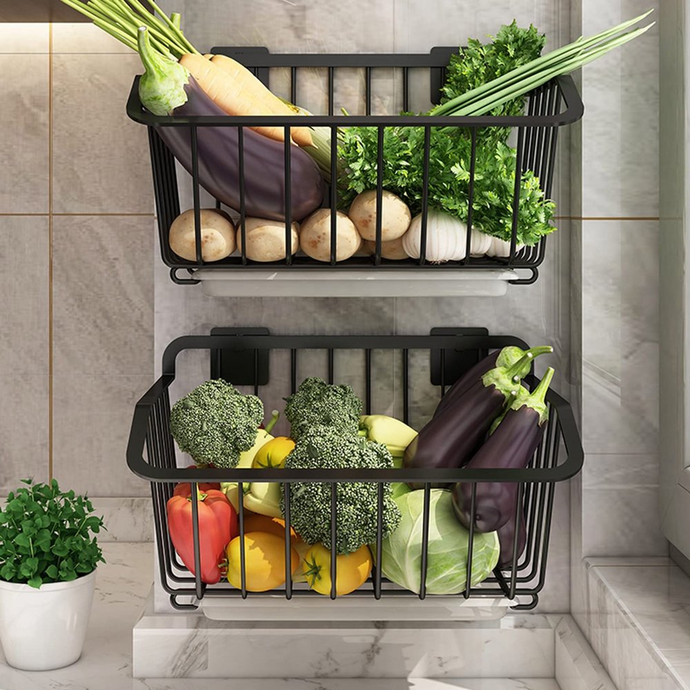 Fruit Vegetable Storage Basket,wall Mounted Fruit And Vegetable Rack, For Storing Organizing Fruit Vegetables Eggs Snacks Breads, Stainless Steel Fruit And Vegetable Rack, Black fruit and vegetable ra