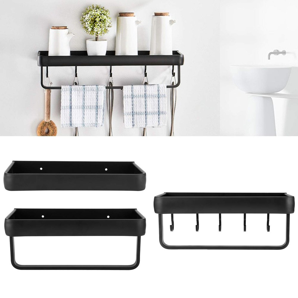 Restokki Shelving Wall Mounted, Wall Shelf, 30cm Bathroom Shelf Space Aluminum Wall Mounted Hollow Storage Rack, Hanging Basket Organizer(SingleLayer with Rod and 5 Hooks)