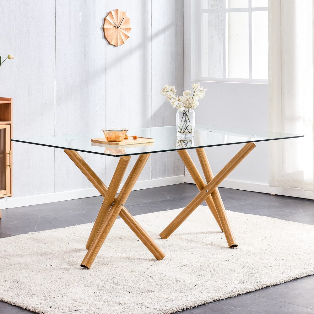 71" Dining Table for 6-8 People,Modern Rectangular Kitchen Dining Room Table with 0.39" Tempered Glass Tabletop and Wood Grain Metal Legs,Contemporary Glass Dinner Table for Home