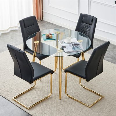 5 Piece Dining Table Set for 4, Glass Kitchen Table and 4 Black Dining Chair for Home, Coffee Table Set 40'' Round Dining Table with Golden Metal Legs, Dining Room Table and Chair Set for Small Space