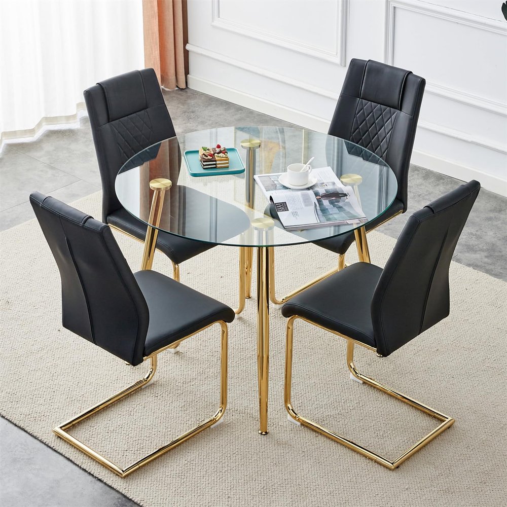 5 Piece Dining Table Set for 4, Glass Kitchen Table and 4 Black Dining Chair for Home, Coffee Table Set 40'' Round Dining Table with Golden Metal Legs, Dining Room Table and Chair Set for Small Space