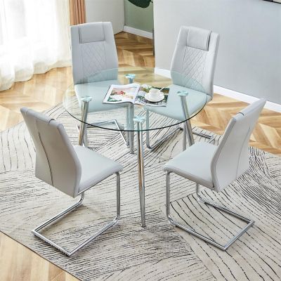 5 Piece Dining Table Set for 4, Kitchen Table and 4 Light Gray Dining Chair for Home, Coffee Table Set 40'' Round Dining Table with Silver Metal Legs, Dining Room Table and Chair Set for Small Space