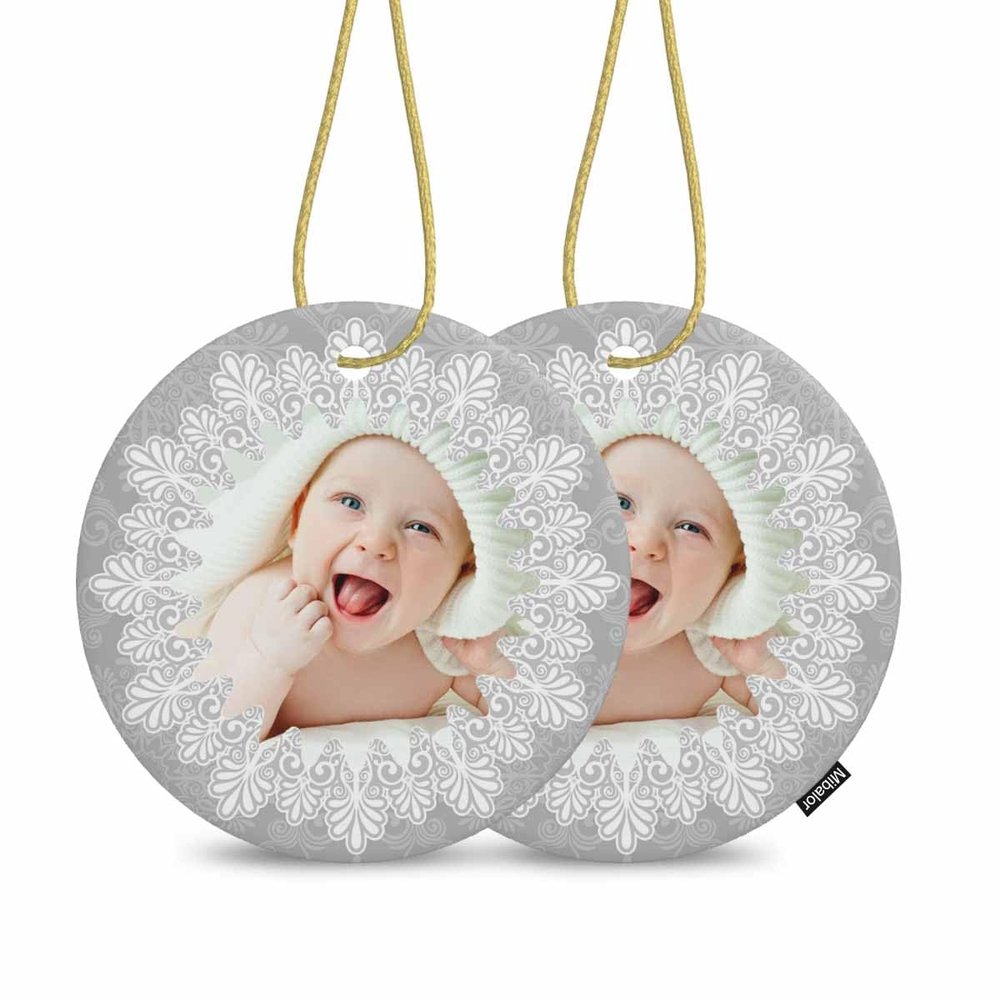 Mibalor - 2 Packs -Custom Personalized Christmas Tree Ornaments with Photo Picture Text Hanging Tree Decorations Presents for 2023 Xmas, Engaged, Wedding, Baby Bairn, Family, Round Ceramic 3 Inch