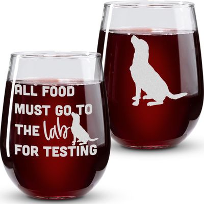 On The Rox Labrador Gifts for Labrador Lovers- All Food Must Go To The Lab For Testing Stemless Wine Glass Set of 2- Chocolate Lab Wine Glass - Dog Face, Black Labrador Gifts Drinks