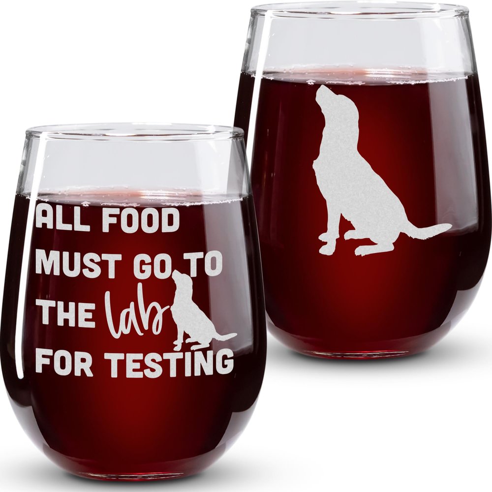 On The Rox Labrador Gifts for Labrador Lovers- All Food Must Go To The Lab For Testing Stemless Wine Glass Set of 2- Chocolate Lab Wine Glass - Dog Face, Black Labrador Gifts Drinks
