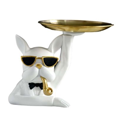 Dog Storage Tray Desk Sundries Container 17cm Diameter Tray Key Holder Bulldog Figurine Resin Animal Sculpture for Home Decor, White