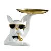Dog Storage Tray Desk Sundries Container 17cm Diameter Tray Key Holder Bulldog Figurine Resin Animal Sculpture for Home Decor, White view 1