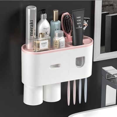 ZZ LIFE Toothbrush Holder for Bathroom 2 Cup Wall Mounted with Automatic Toothpaste Dispenser Large Capacity Tray, Cosmetic Drawer Bathroom Decor & Bathroom Accessories and Organization (2 Cup Pink)