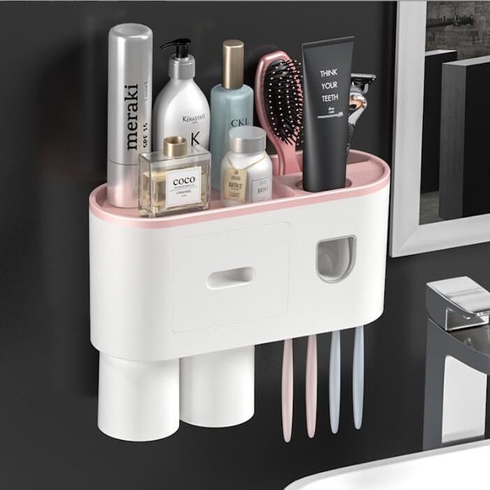 ZZ LIFE Toothbrush Holder for Bathroom 2 Cup Wall Mounted with Automatic Toothpaste Dispenser Large Capacity Tray, Cosmetic Drawer Bathroom Decor & Bathroom Accessories and Organization (2 Cup Pink)