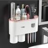 ZZ LIFE Toothbrush Holder for Bathroom 2 Cup Wall Mounted with Automatic Toothpaste Dispenser Large Capacity Tray, Cosmetic Drawer Bathroom Decor & Bathroom Accessories and Organization (2 Cup Pink) view 1