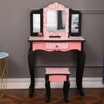 Vasitelan Vanity Set with Mirror and Drawers,Girls Vanity Set with Stool for Bedroom,Vanity with Folding Mirror,Makeup Vanity Dressing Table
