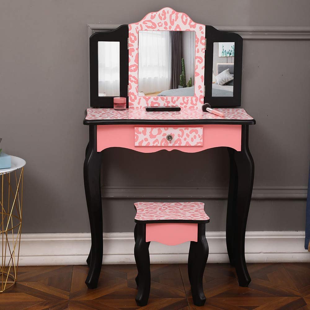 Vasitelan Vanity Set with Mirror and Drawers,Girls Vanity Set with Stool for Bedroom,Vanity with Folding Mirror,Makeup Vanity Dressing Table