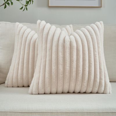 FUTEI Light Beige Throw Pillow Covers Set of 2, 20x20 Inch Soft Faux Rabbit Fur Striped Texture Cushion Cases, Modern Decorative Couch Pillows for Living Room Bed