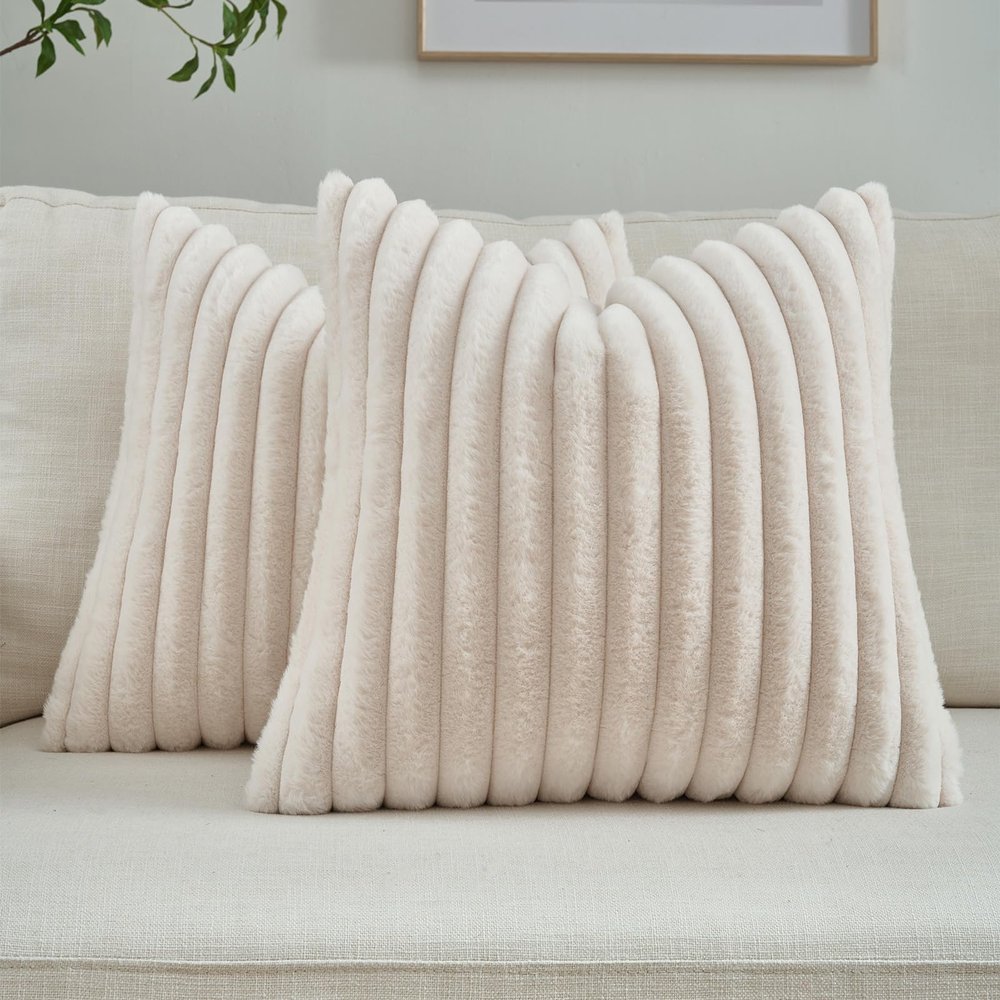 FUTEI Light Beige Throw Pillow Covers Set of 2, 20x20 Inch Soft Faux Rabbit Fur Striped Texture Cushion Cases, Modern Decorative Couch Pillows for Living Room Bed
