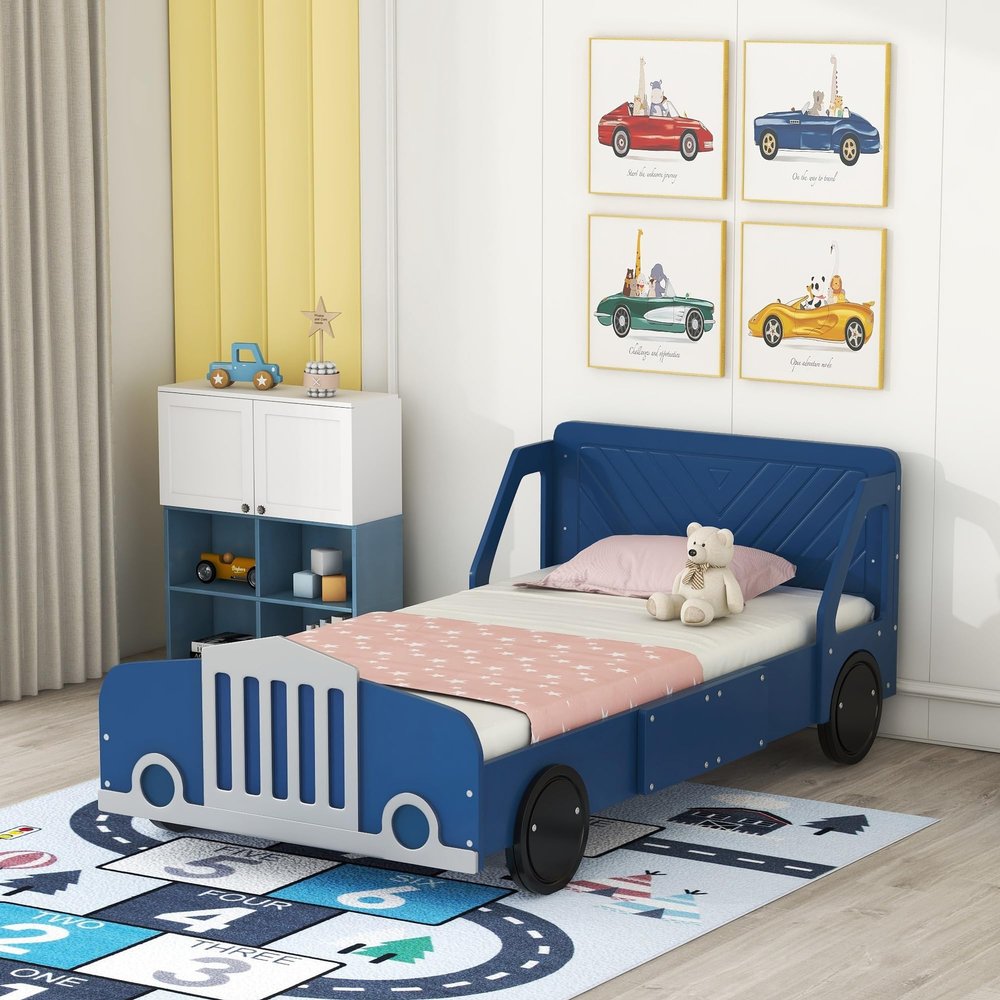SOFTSEA Twin Size Race Car-Shaped Platform Bed, Wood Car Bed Frame with Wheels and Guardrails for Kids Bedroom, Floor Car Shaped Bed for Kids Boys, No Box Spring Needed, Blue