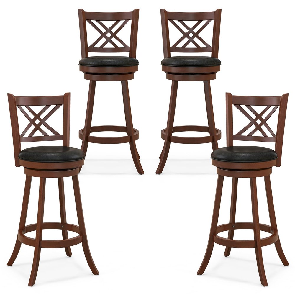 GOFLAME 29 Swivel Bar Stools Set of 4, Upholstered Counter Height Bar Chairs with Soft Cushion, Backrest, Footrests, Rubber Wood Legs, Upholstered Barstools for Dining Room, Kitchen Counter, Pub