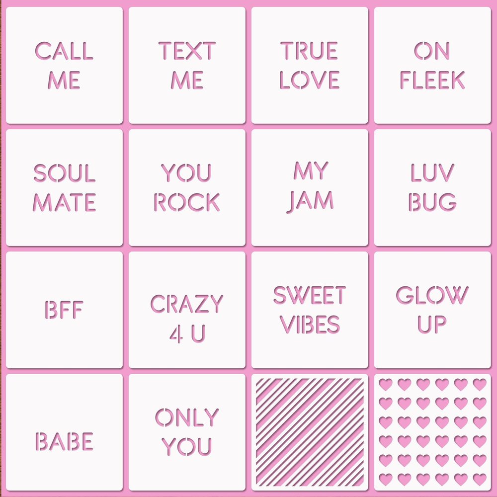 16 Pcs Valentine Conversation Hearts Cookie Stencils with Royal Icing 3x3 in, True Love/Only You/Text Me/Soulmate Love Phrase Sign Sayings Heart Stencils for Valentine's Day Making DIY Crafts