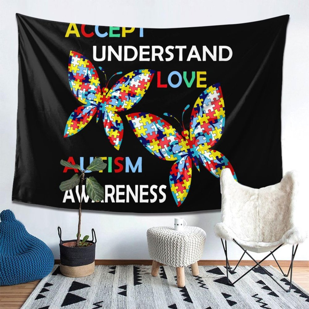 Accept Understand Love Autism Awareness Tapestry Wall Hanging, Art Wall Decoration Tapestry, Tapestry For Bedroom Living Room Dorm Home Decoration 80x60in