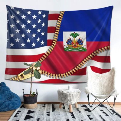 American Flag And Haiti Flag Tapestry Wall Hanging, Art Wall Decoration Tapestry, Tapestry For Bedroom Living Room Dorm Home Decoration 80x60in