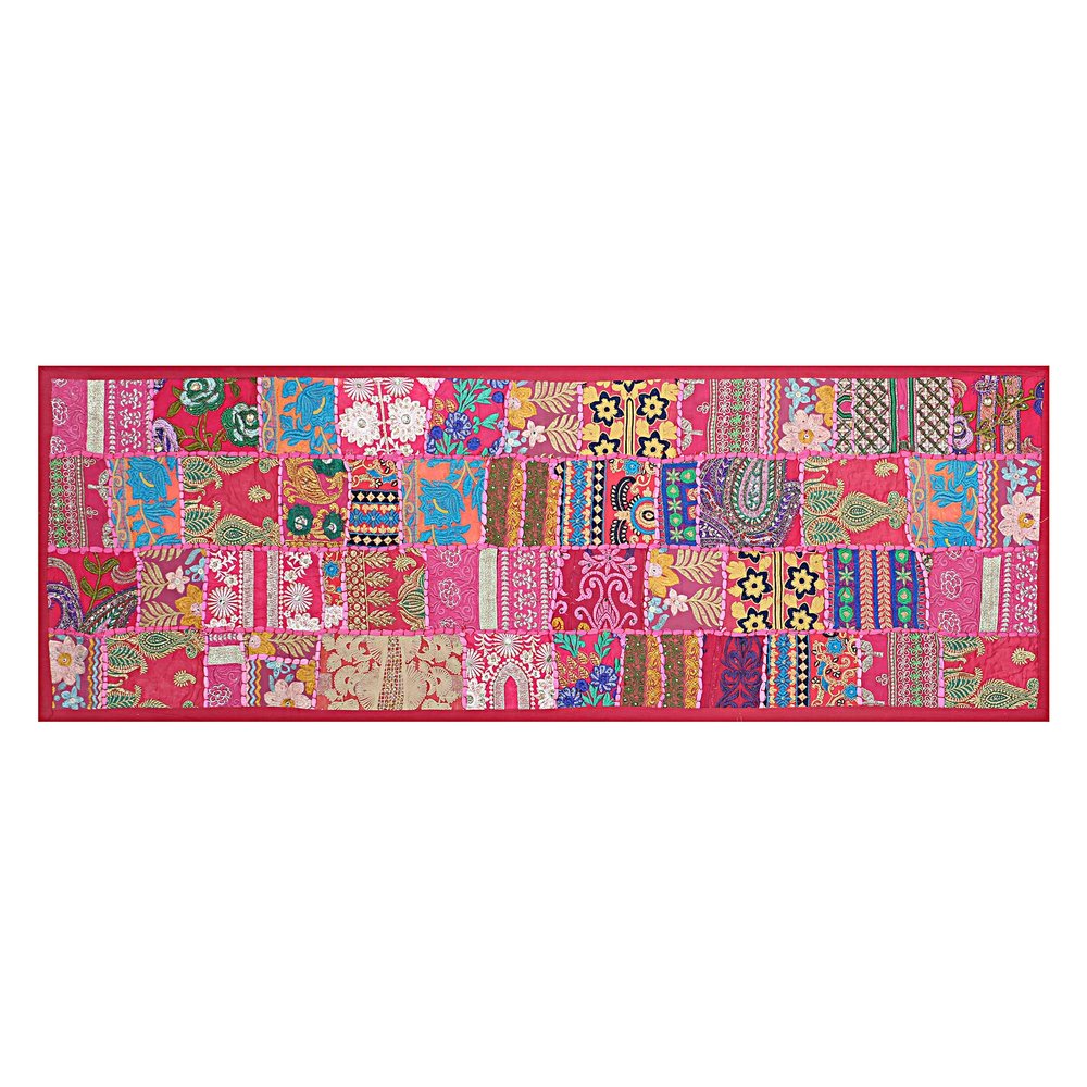 Treen Art New Linen Table Runner Ethnic 100% Cotton Embroidered Handcrafted Home Decor Long Patchwork Dining Table Cloth (Pink, 20" W x 80" L)