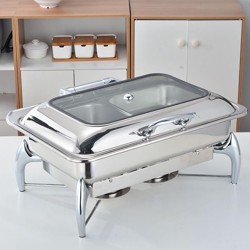 HONHPD 10 QT Chafing Dish Buffet Set with Visible Hydraulic Glass Lid, Stainless Steel Rectangular Chafers and Buffet Warmer Sets for Banquet Party Wedding Catering Events (2 Half-Size)