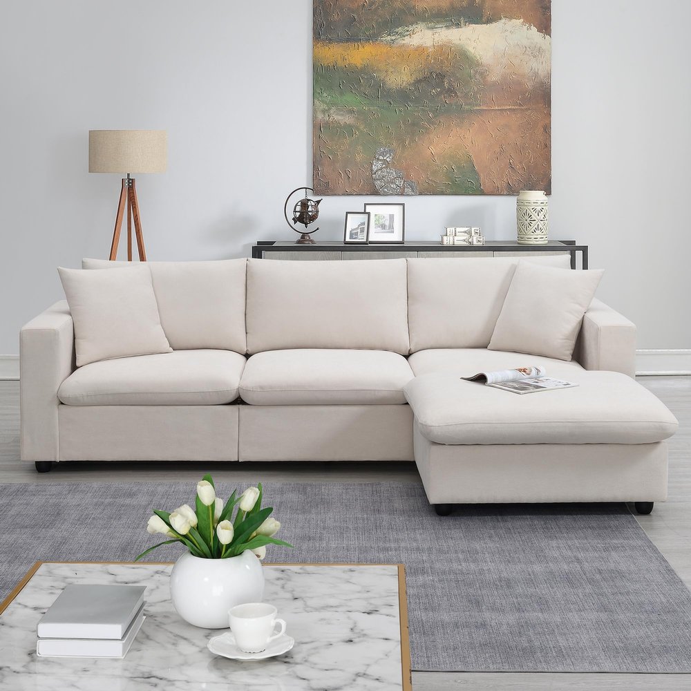 JURMALYN 100.4" Modern Sectional Sofa with Ottoman - 3-Seat L-Shape Sofa, Upholstered Fabric Couch Set for Living Room, Apartment, Office - Beige