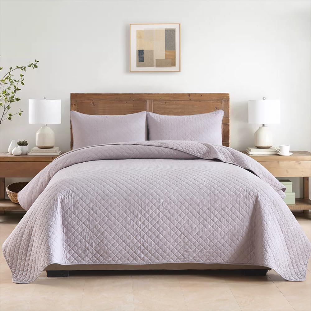 Wistown Cotton Quilt Bedding Sets Queen Size, 3 Pieces Reversible Lightweight Coverlets Comforters Bedspreads for All Seasons,Geometric Stitched Pattern,Grey