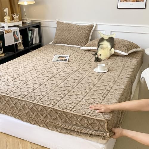 2024 New Flannel Velvet Bed Sheet Winter Super Soft Cosy Plush Shaggy Taffeta Elastic Fitted Sheet Solid Flannel Velvet Fleece Fluffy Fuzzy Warm Bedspread with 11'' Deep Pocket (Khaki,Small Double)