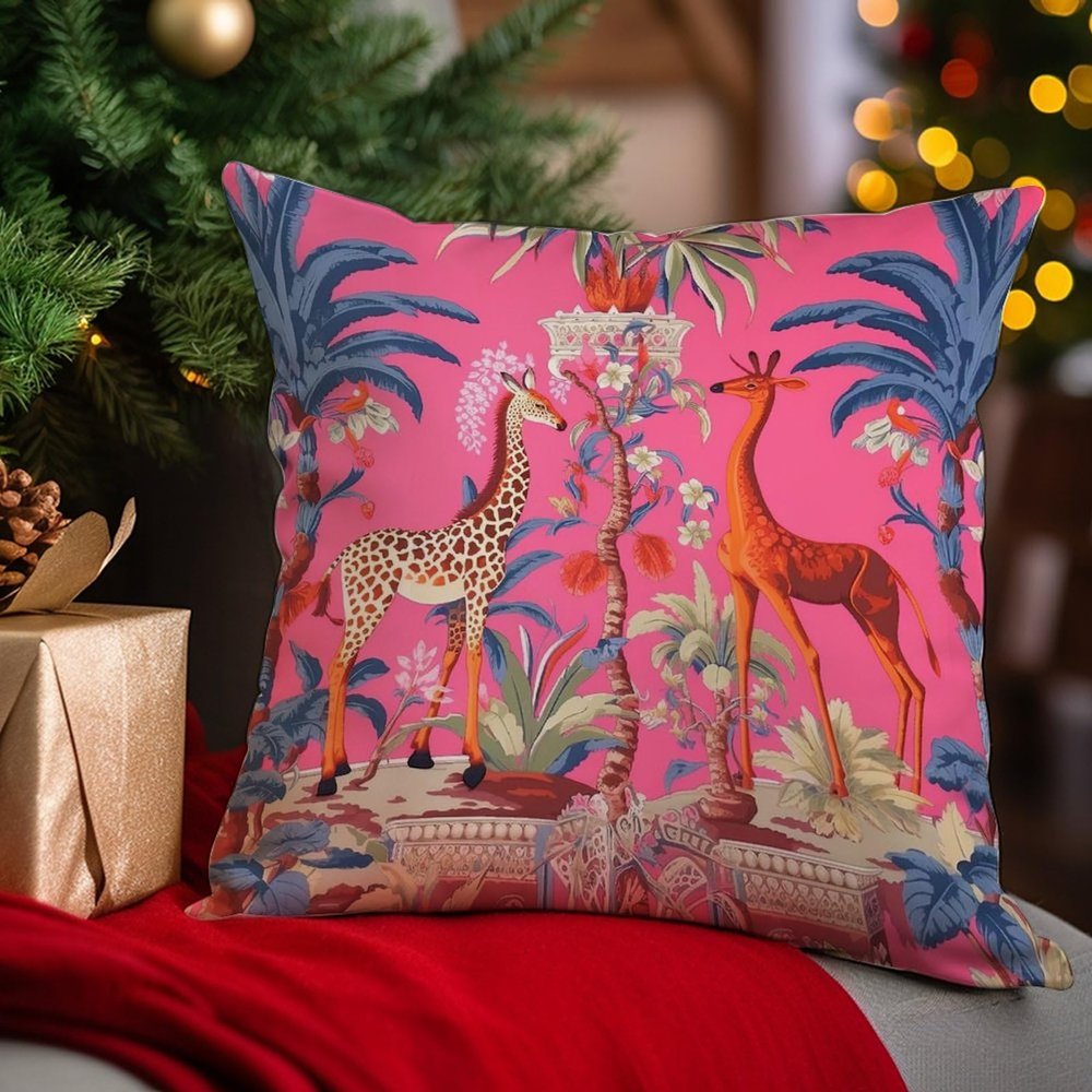 Yinrune Chinoiserie Primitive Flora and Fauna Giraffes Pillow Covers Hot Pink Asian Cushion Cover 20x20in Farmhouse Pillow Case Accent Toss Pillowcase Rustic Decor for Sofa Living Room Bedroom